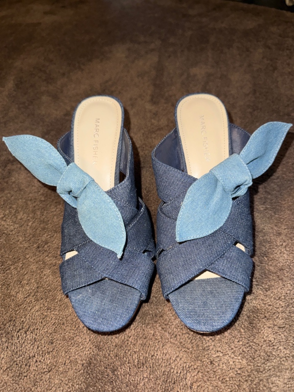 Marc Fisher Two-Tone Denim Knot Mules in Dark and Light Blue